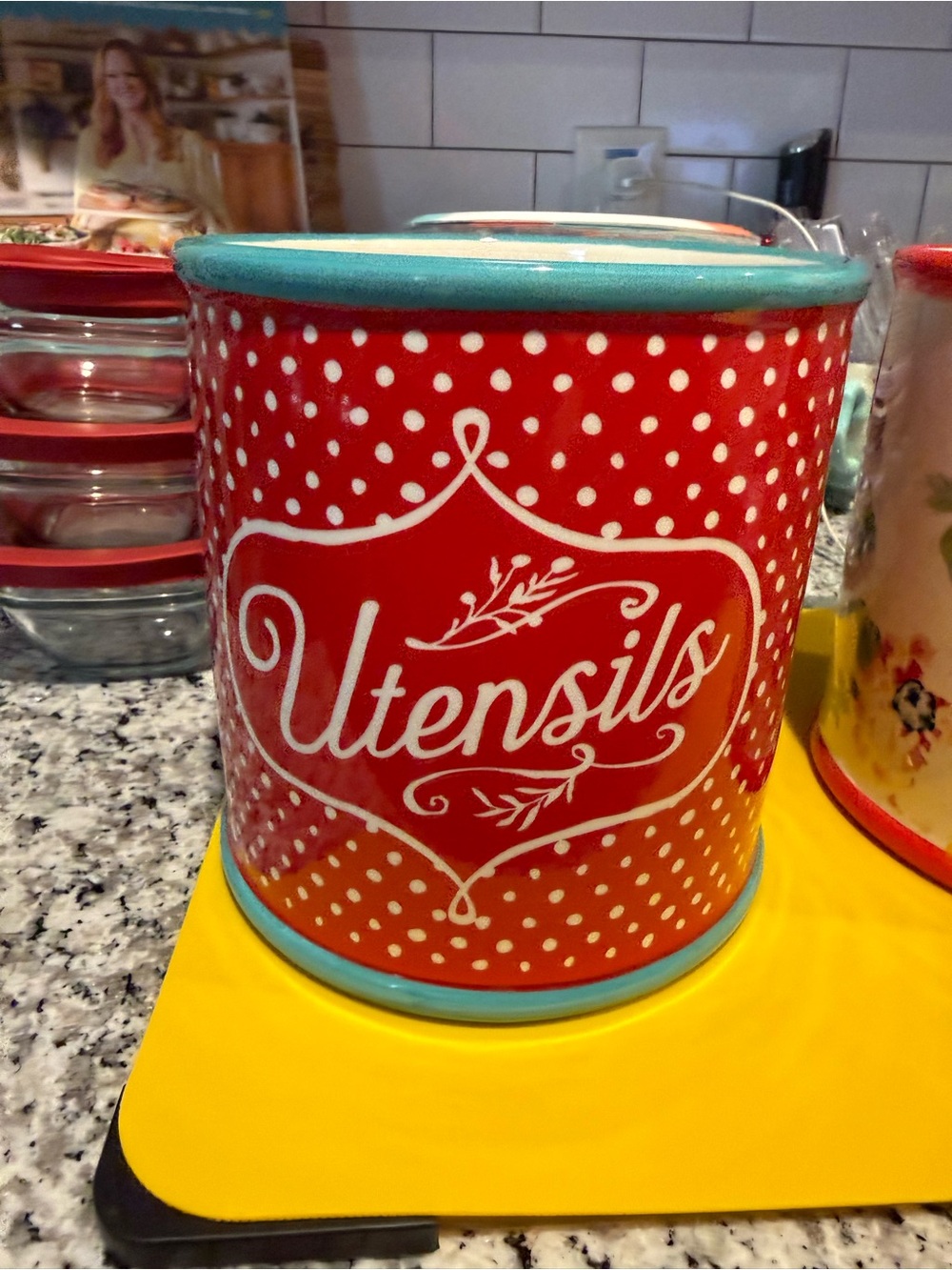 Red Polka Dot Utensils Holder with Aqua Rim